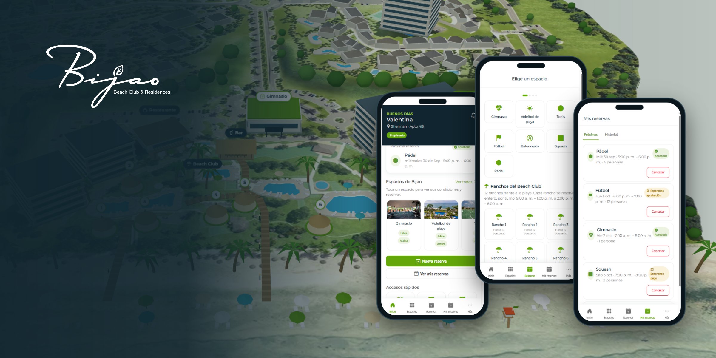 Mapa 3D del residencial Bijao junto a la app de propietarios en tres teléfonos