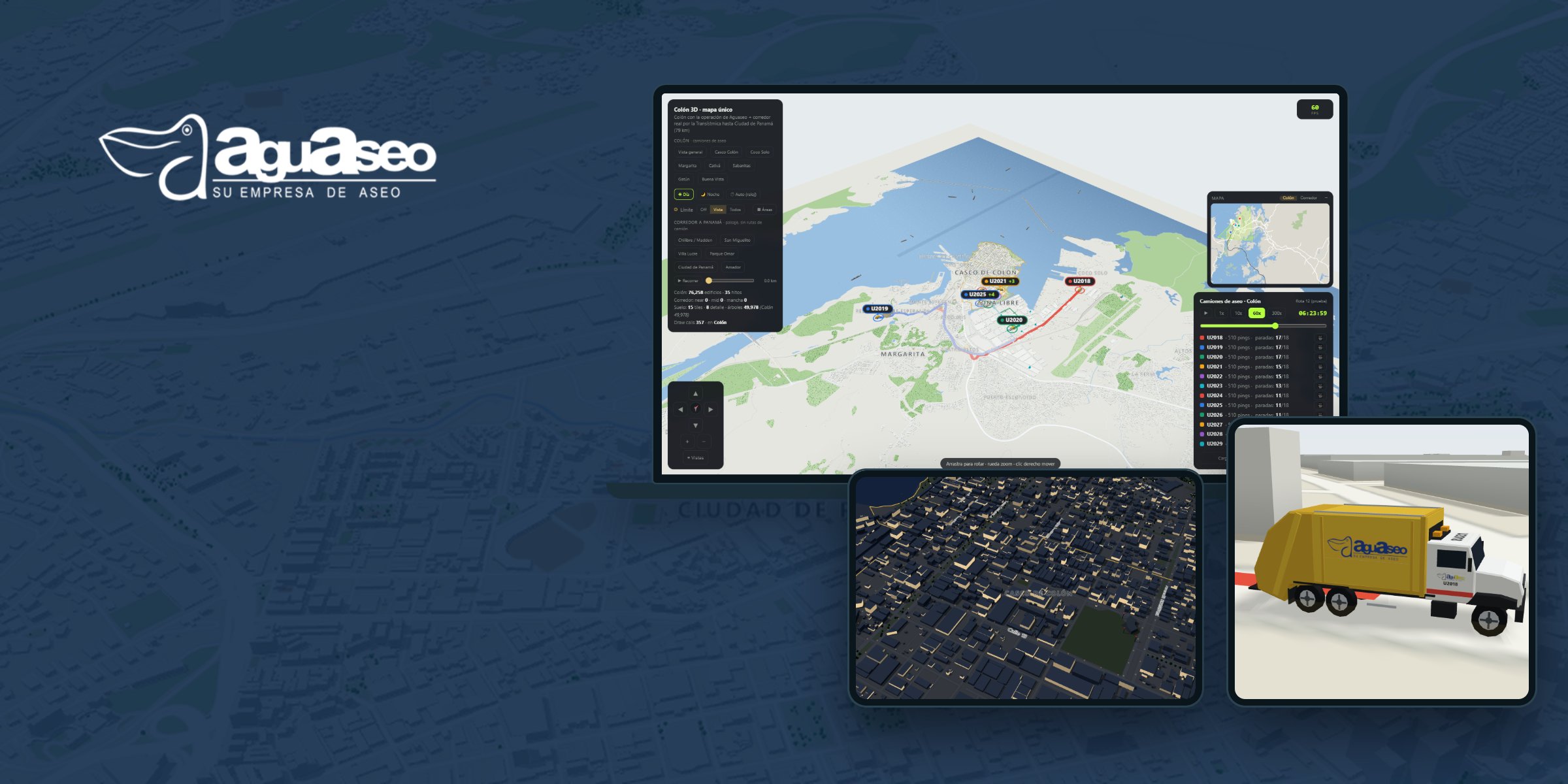 Mapa 3D de la ciudad de Colón con los camiones de aseo de Aguaseo siguiendo su recorrido GPS real, en vista de día y de noche