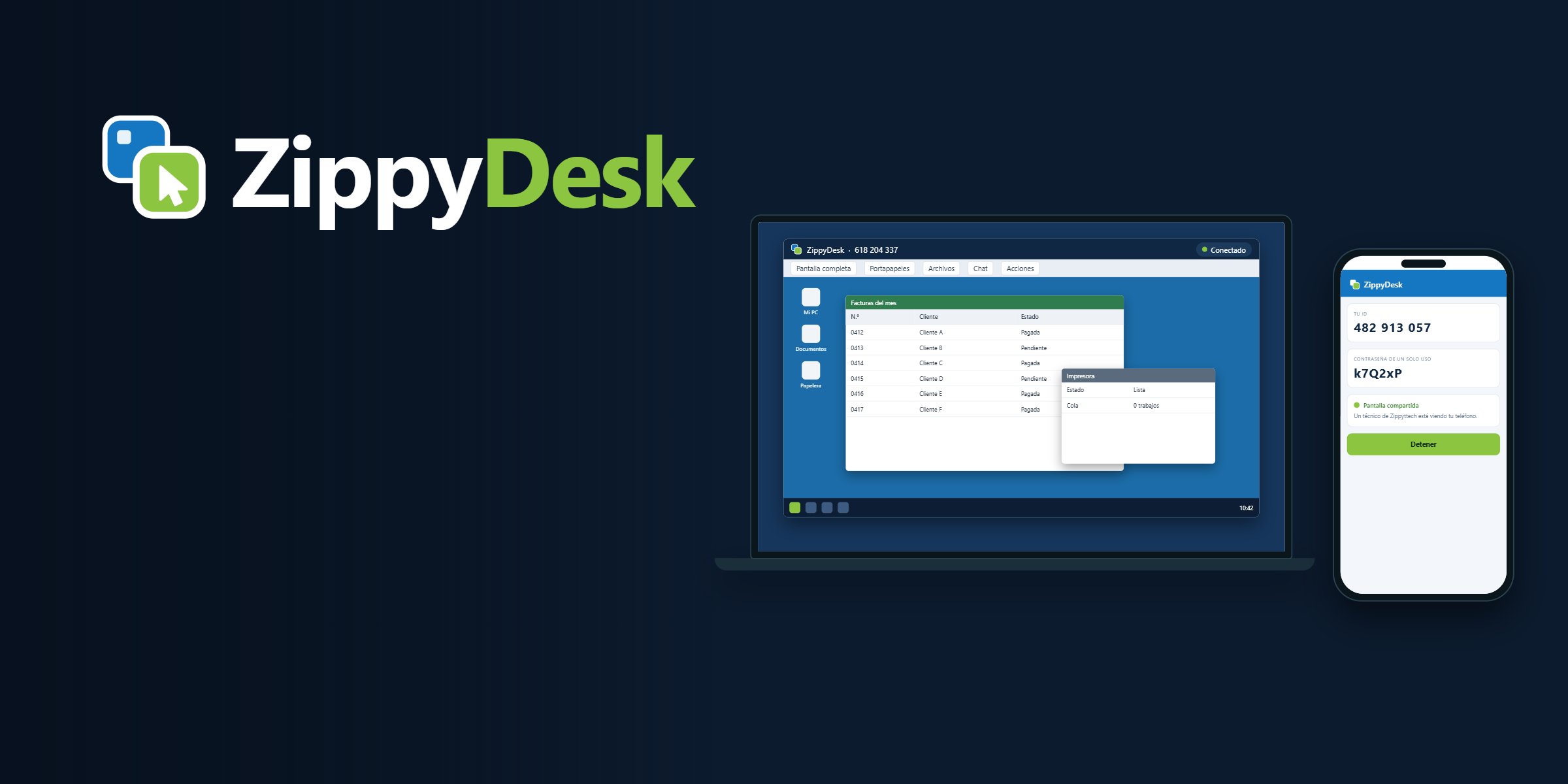 ZippyDesk: sesión de escritorio remoto en una laptop y la app en un teléfono Android